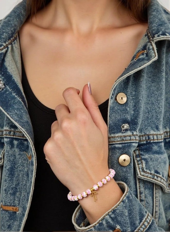 Dhdfisd Bow Necklace Bracelet Set for Women 14K Gold Beaded Bracelet Necklace Dainty Bow Jewelry Christmas Gift (Pink flowers) - Image 2